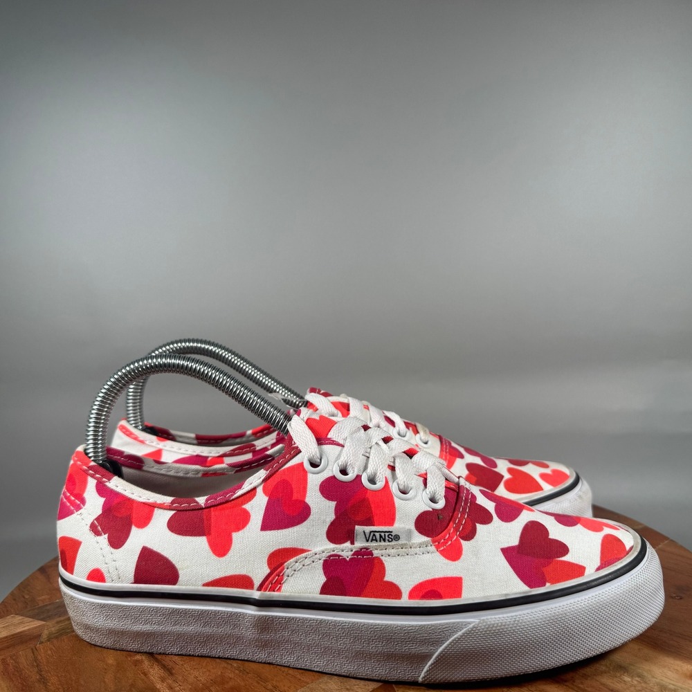 Vans Authentic Heart Print Sneakers Womens 8.5 Mens 7 White Red Pink Low Top